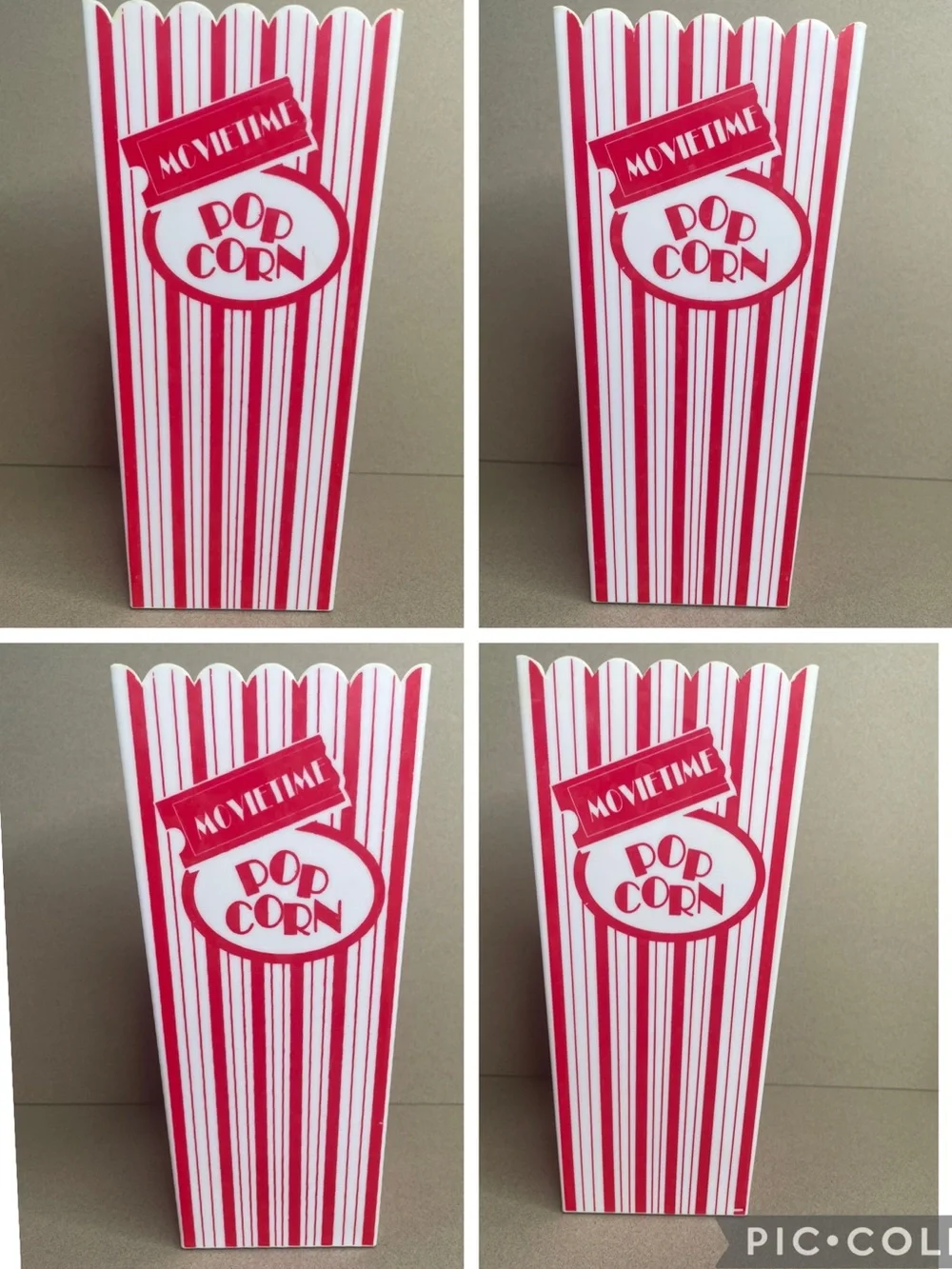 Set of 4 Movie Time Popcorn Buckets Vintage Plastic Tubs Striped Home Theater